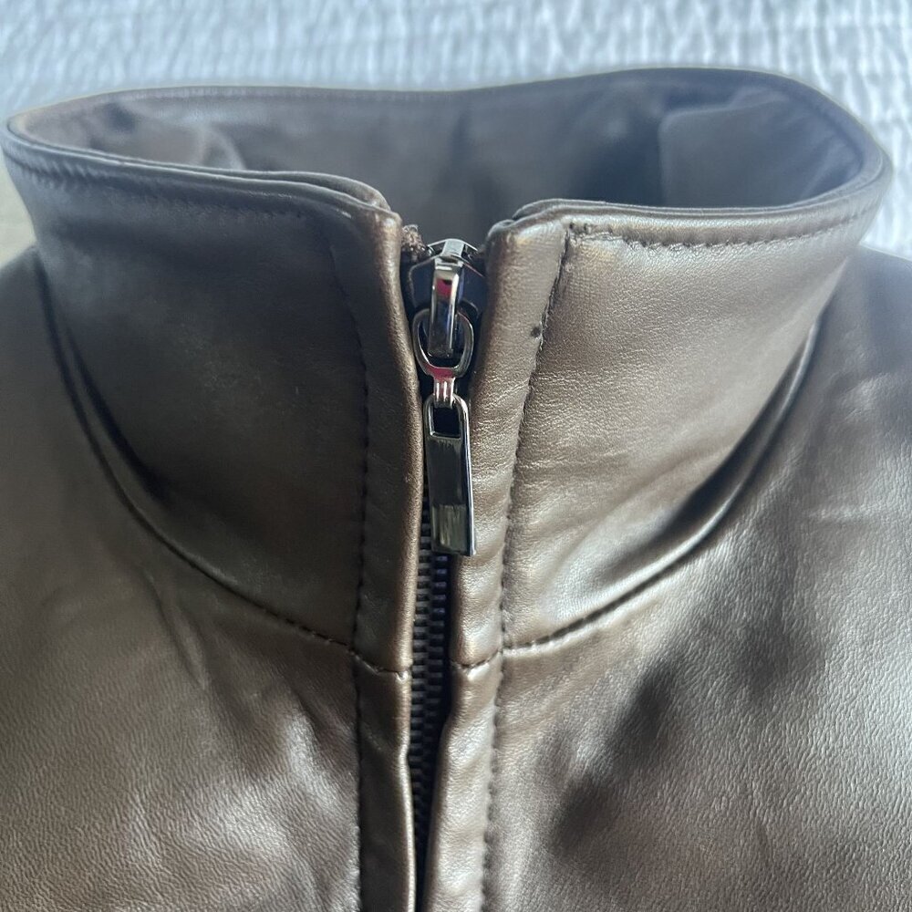 Portrait Petite Medium Brown Leather Jacket Zip Front Lined Pockets NEW Office - Picture 5 of 11